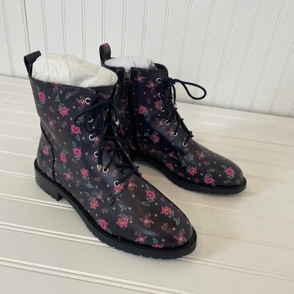 NWT Rebecca Minkoff Black & Pink Ditsy Floral Nappa Gerry Combat Boots Size 9.5 - Picture 1 of 9